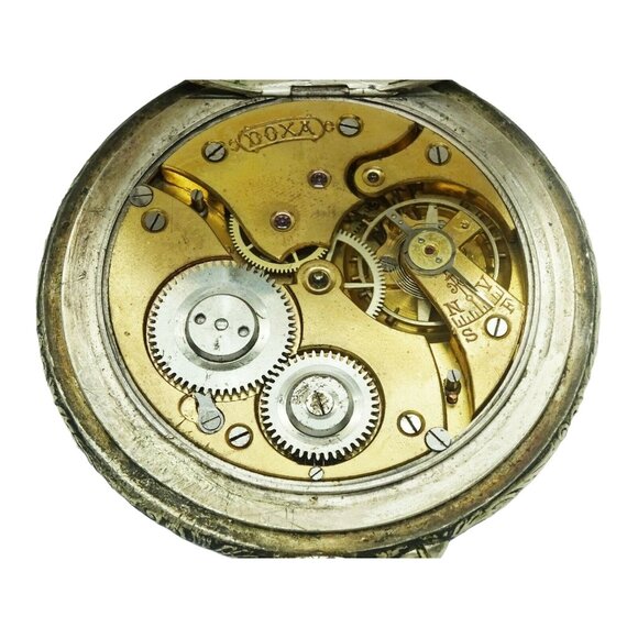 Large Antique 1906 Doxa Watch Hunting Party Silver Repousse Design - Picture 8 of 9